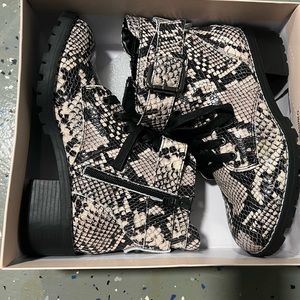Leather upper, Natural multi snake bootie, listed in store for $79.50.